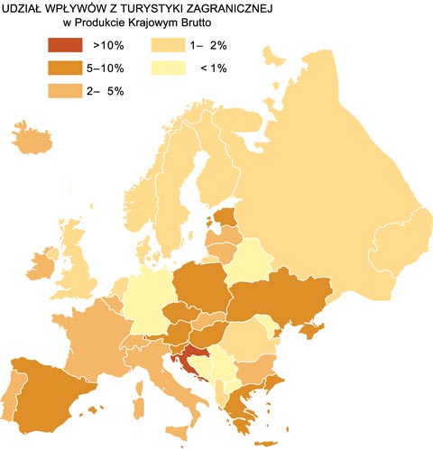 turystyka zagraniczna wpywy udzia w PKB pastwa Europy mapa