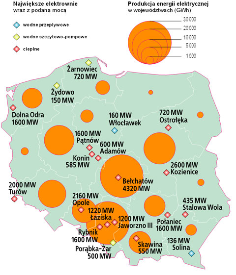 elektrownie w polsce produkcja energii elektrycznej w wojewdztwach mapa