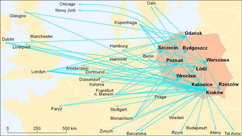 poczenia lotnicze polskich miast mapa