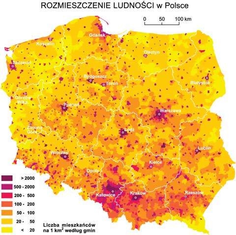rozmieszczenie ludnoci w Polsce mapa gsto zaludnienia