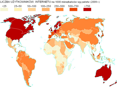 uytkownicy internetu na wiecie w pastwach mapa