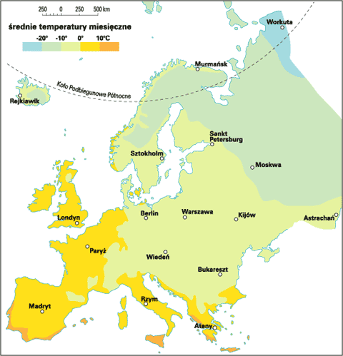 Europa - temperatury stycznia