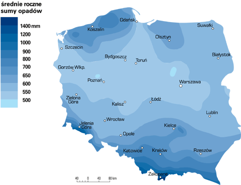 Polska - opady roczne