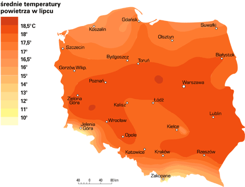 Polska - temperatura lipca