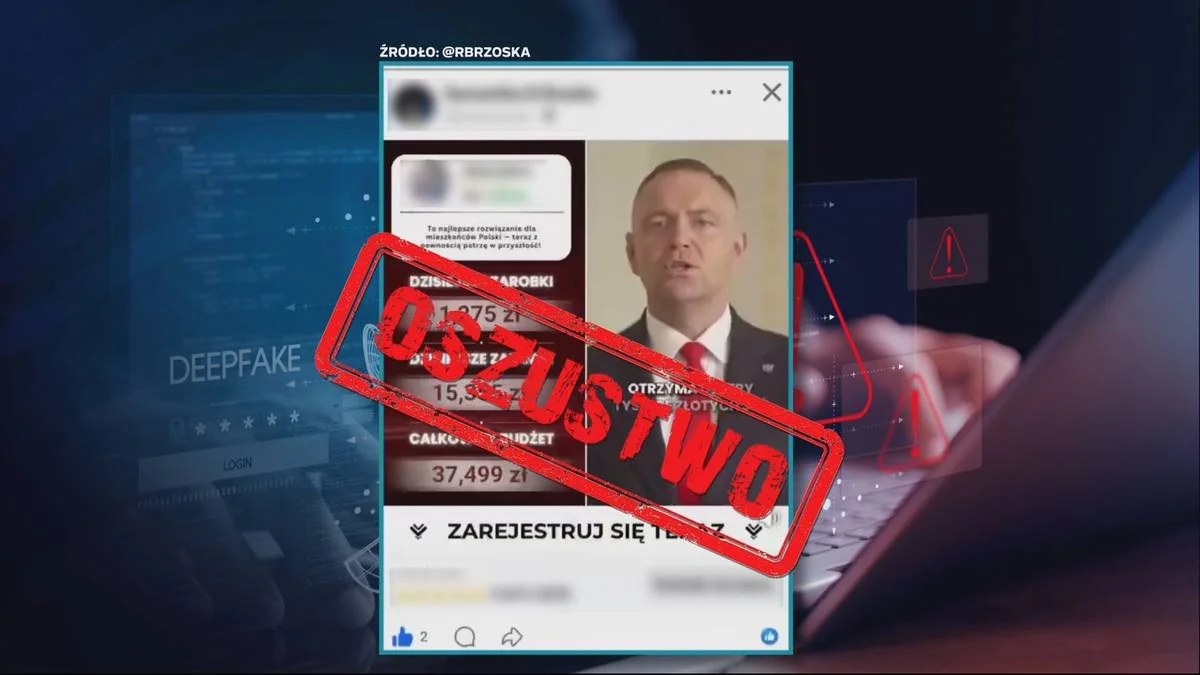 Композиція з фейковим дописом Facebook про інвестиції з deepfake Кароля Навроцького та червоним штампом ошуканства