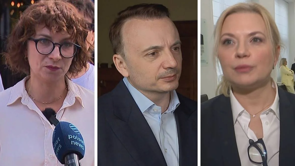 Колаж трьох портретів людей під час інтерв’ю: жінка з мікрофоном Polsat News, чоловік у піджаку та блондинка
