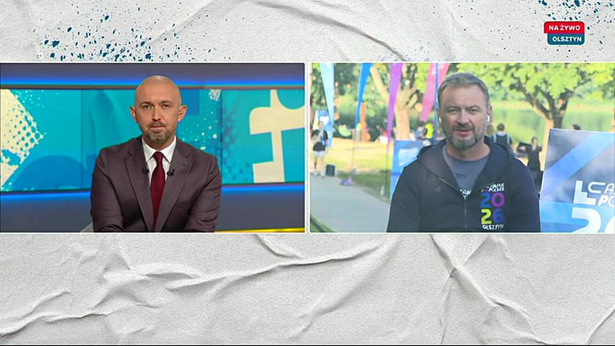 Спліт-екран прямого ефіру: ведучий у студії та чоловік у худі на заході в Ольштині