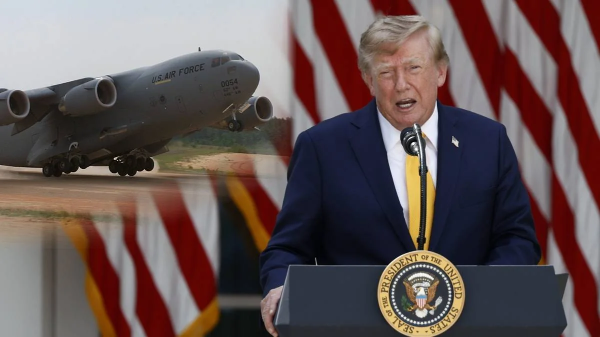 Дональд Трамп виступає за трибуною на тлі прапорів США і військового літака