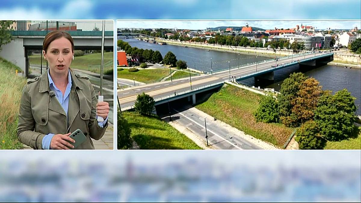 Журналістка з мікрофоном біля мосту та аерозйомка мосту через річку в Кракові