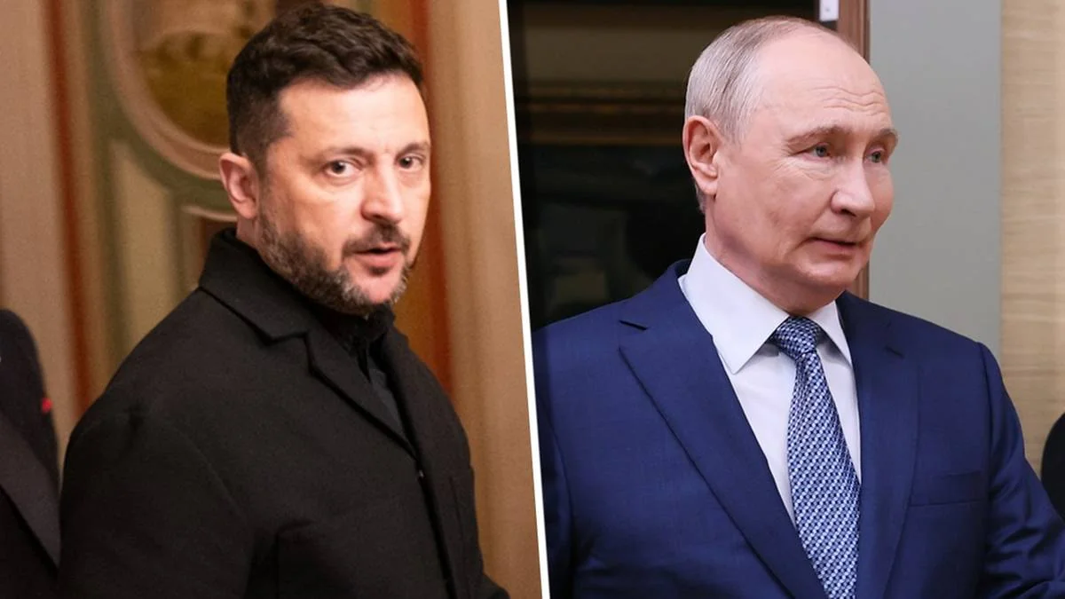 Зеленський у чорному пальті ліворуч і Путін у синьому костюмі праворуч
