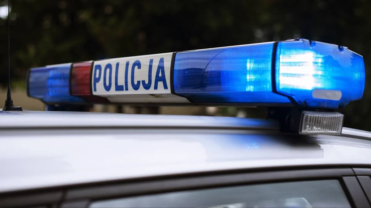 Синя проблискова лампа з написом POLICJA на даху білого поліцейського авто