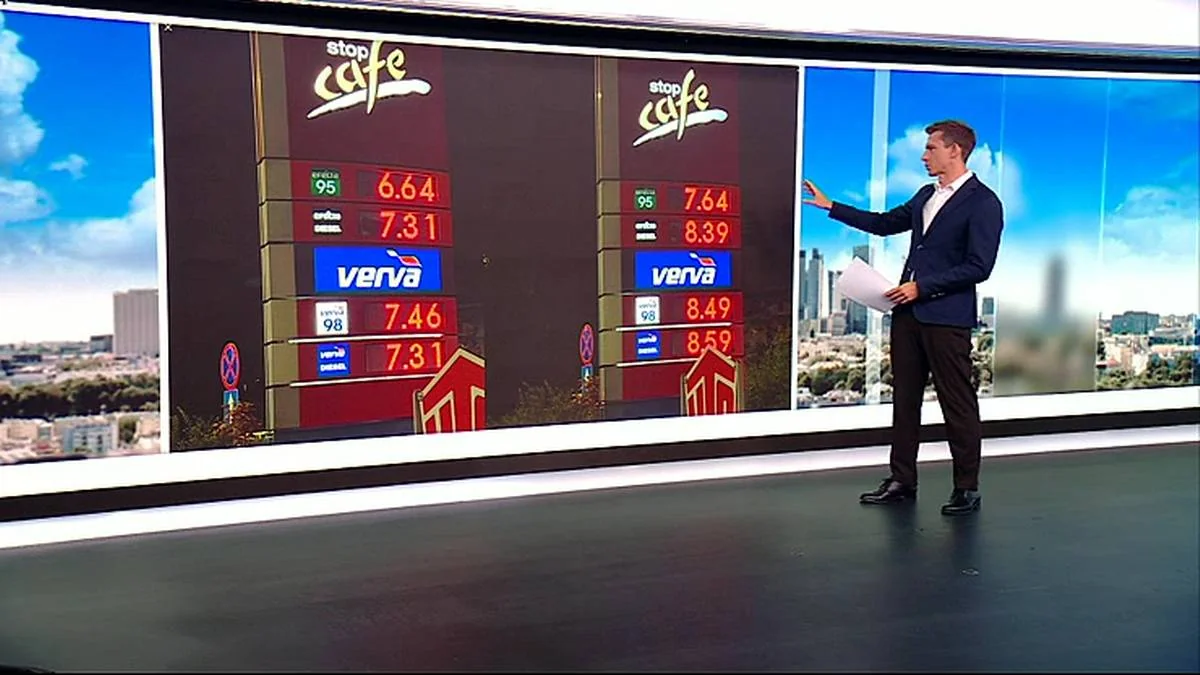 Ведучий у студії вказує на екран з цінами бензину та дизеля Stop Cafe
